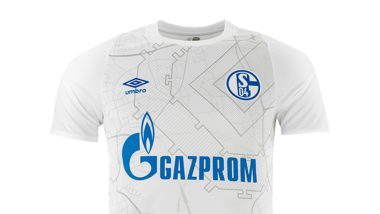 Auf fremden Plätzen wird Schalke zukünftig in Weiß auflaufen. Besonderes Extra: Die Landkarten-Optik auf der Vorderseite (Quelle: FC Schalke 04).
