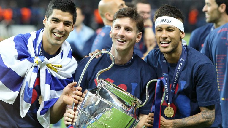 Gleich in ihrem ersten gemeinsamen Jahr holen Luis Suarez, Lionel Messi und Neymar (von links nach rechts) die Champions League.