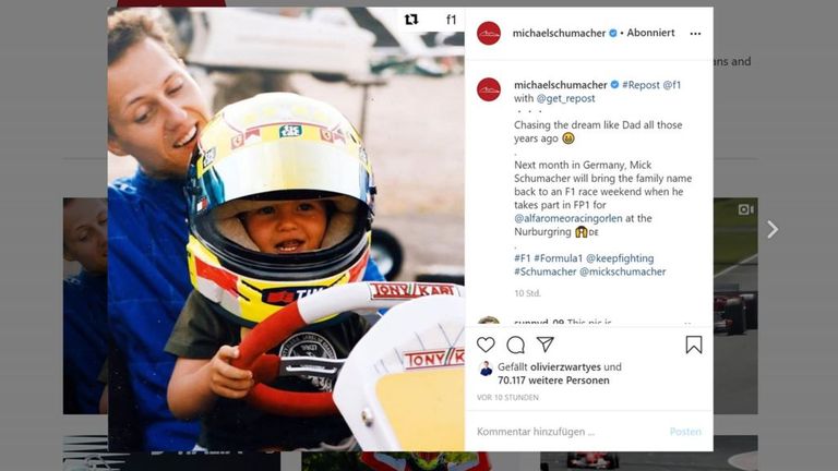 Die Instagram-Seite von Michael Schumacher hat ein Bild mit dem Untertitel: "Jage den Traum wie Papa all die Jahre! Nächsten Monat wird Mich Schumacher den Familiennamen in Deutschland zurück in die Formel 1 bringen."