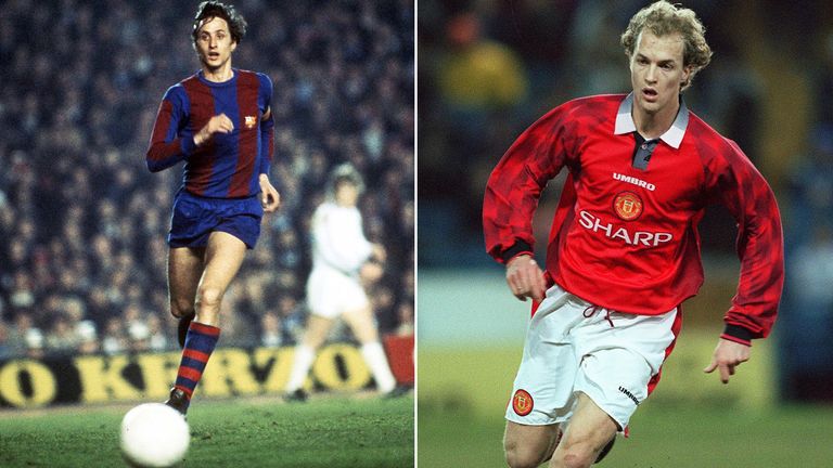 Zwei große Karrieren: Vater Johan (l.) zählt zu den größten Spielern seiner Zeit und hatte seine erfolgreichste Zeit beim FC Barcelona. Sohn Johan (r.) spielte ebenfalls für Barca, hinterließ zudem Spuren in der Premier League (173 Partien für Manchester United).