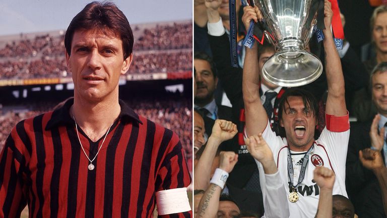 Cesare (l.) und Paolo (r.) Maldini waren zu ihrer Zeit als Spieler feste Größen des italienischen Fußballs. Beide spielten unter anderem für Milan. Sohn Paolo gewann mit Mailand anderem drei Mal die Champions League.