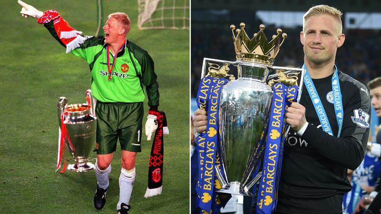 Beide gewannen Titel mit englischen Teams: Vater Peter Schmeichel (l.) holte mit Manchester United unter anderem den CL-Titel und die Premier-League-Meisterschaft. Sein Sohn Kasper (r.) gewann mit Leicester 2016 ebenfalls die PL-Meisterschaft. 