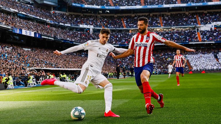Federico Valverde of Real Madrid and Felipe Augusto de Almeida of Atletico de Madrid during the Liga match between Real Madrid and Atletico Madrid at Estadio Santiago Bernabeu on February 1, 2020 in Madrid, Spain. (Photo by Pressinphoto/Icon Sport)