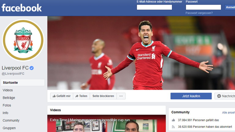 Liverpool in den sozialen Medien: 37,1 Mio. Follower auf Facebook und 29,5 Mio. Follower auf Instagram (Screenshot)