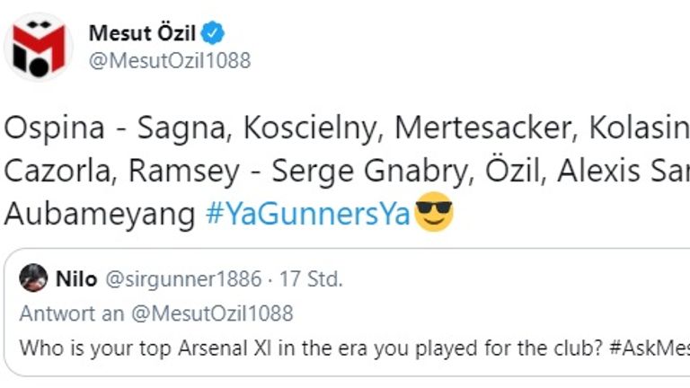 Özils beste Arsenal-Elf, mit der er gespielt hat. (Quelle: https://twitter.com/mesutozil1088?lang=de)