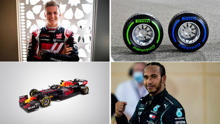 Mick Schumacher (links oben) feiert sein F1-Debüt, Lewis Hamilton (rechts unten) will seinen Titel verteidigen und muss sich wohl besonders gegen Red Bull (links unten) erwehren. Eine große Rolle werden in diesem Jahr auch die Reifen (rechts oben) spielen. (Quellen: Imago/ https://www.redbullcontentpool.com)