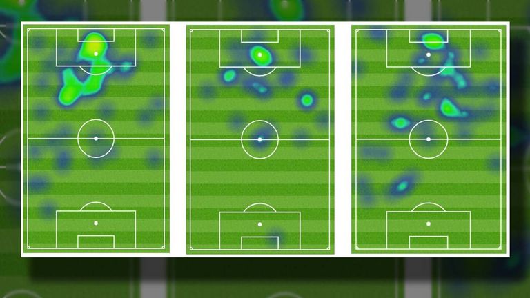 Die Heatmaps von Lewandowksi , Haaland und Silva (v.l.n.r.) im Vergleich - jeweils im Duell gegen Hertha BSC (Quelle: Opta).