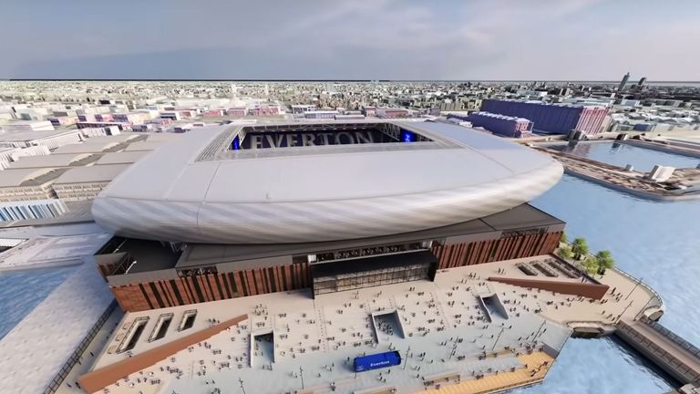 Das neue Stadion am Bramley-Moore Dock in Norden Liverpools soll zukünftig 52.888 Zuschauern Platz bieten. Mit dem Bau soll noch im Jahr 2021 begonnen werden. (Quelle: youtube@ Everton Football Club)