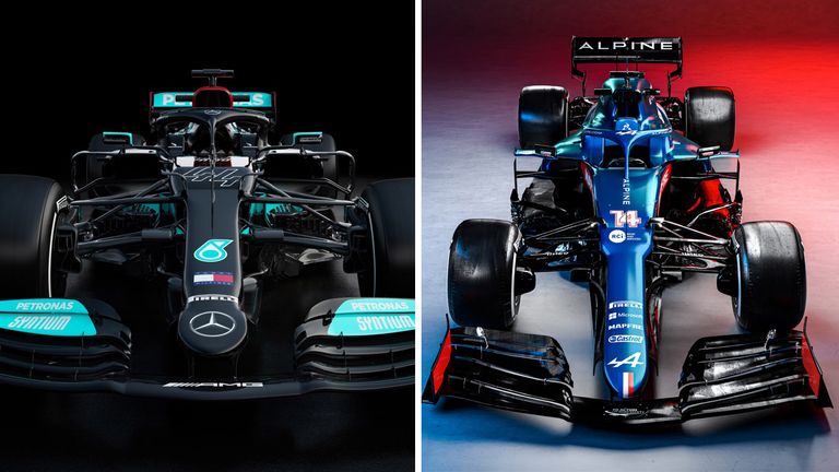 So sehen die neuen Autos von Mercedes (l.) und Alpine (r.) aus (Bildquellen: Mercedes und Alpine F1 Team).
