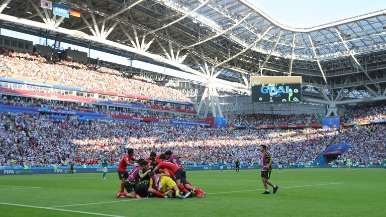 Kasan-Arena: Bei der WM 2018 verabschiedet sich der Titelverteidiger bereits nach der Vorrunde. Trauriger Höhepunkt war die 0:2-Niederlage gegen Südkorea in Kasan.