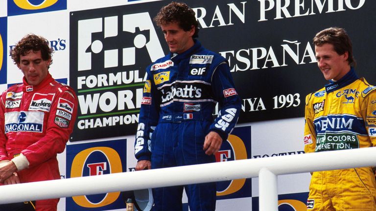 Ayrton Senna, Alain Prost und Michael Schumacher (v.l.) liefern sich 1993 packende Rennen in der Formel 1. Am Ende wird Psrost Weltmeister.