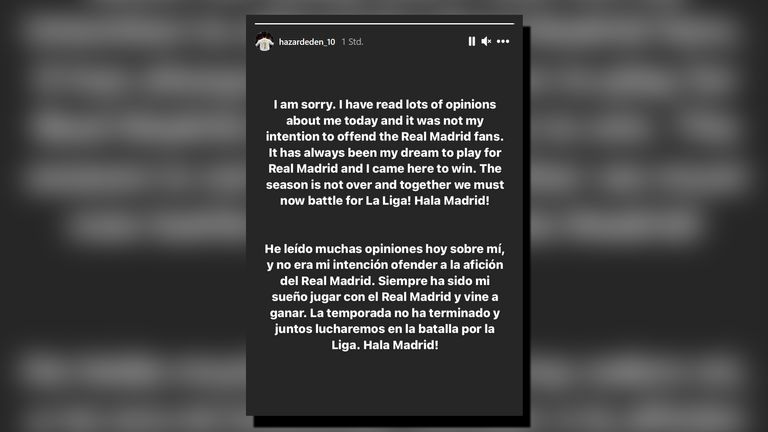Eden Hazard entschuldigt sich bei den Fans von Real Madrid für sein Verhalten nach Schlusspfiff nach dem Halbfinal-Rückspiel beim FC Chelsea. (Quelle: instagram @hazardeden_10)