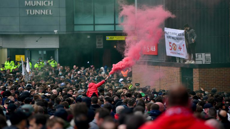 02 May 2021 Old Trafford, Manchester - United fans protest about the owners of the club before the Premier League match between Manchester United and Liverpool..(Photo Anthony Devlin)