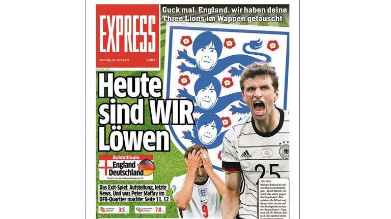 Der "Kölner Express" hat kurzerhand das Wappen der englischen Nationalmannschaft mit dem Gesicht von Jogi Löw verziert und titelt: "Heute sind wir Löwen"