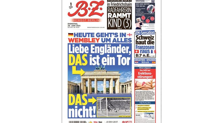 Die "Berliner Zeitung" spielt auf das historische Wembley-Tor an und erklärt den Engländern, was ein richtiges Tor ist: "Heute geht's in Wembley um alles: Liebe Engländer, DAS ist ein Tor - DAS nicht!"