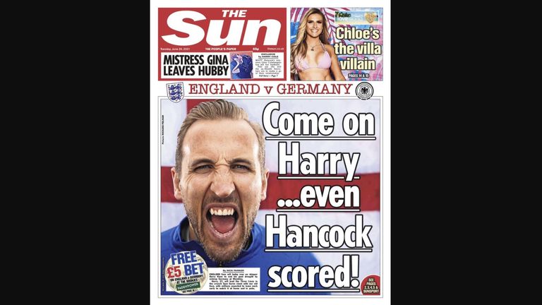 Die Boulevard-Zeitung The Sun mischt Sport und Politik: "Komm schon Harry... selbst Hancock hat getroffen", titelt das Blatt und spielt damit auf den britischen Gesundheitsminister an, der durch eine Affäre mit einer Frau Corona-Regeln brach. 