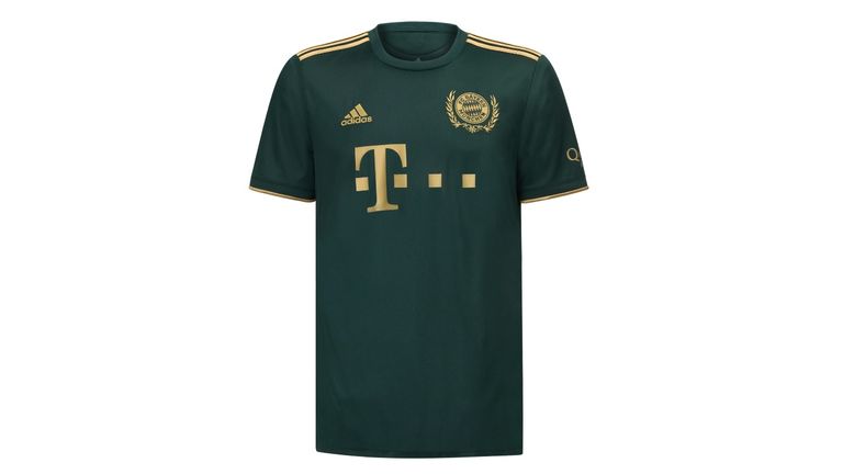 Das Wiesn-Trikot des FC Bayern ist in einem dunklen Grün gehalten mit goldenem Logo und Streifen. (Quelle: fcbayern.com/shop)