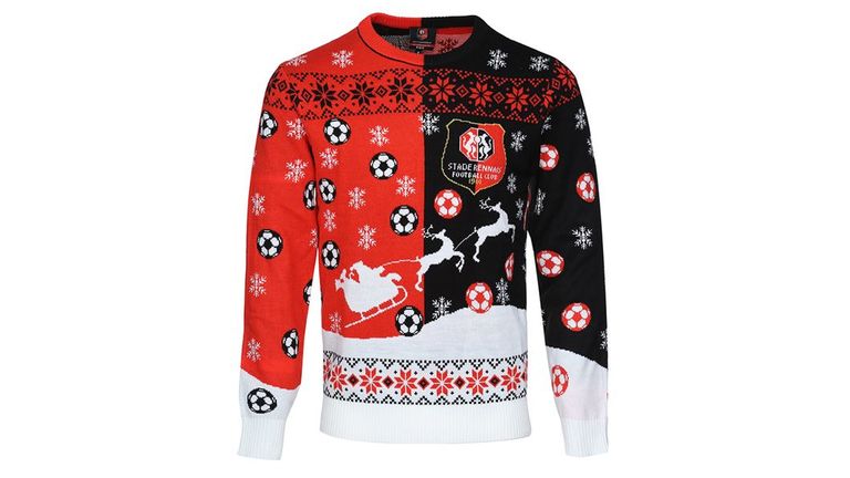 Stade Rennes: In Rennes fallen die viele Fußbälle auf dem Pulli auf - auf der linken Seite rot und auf der rechten Seite schwarz. Das Wappen gibt´s natürlich auf der linken Brust. (Quelle: Rennes Fanshop)