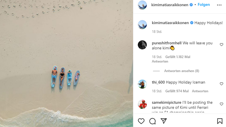 Kimi Räikkönen lässt es sich mit seiner Familie am Strand gut gehen. Der Iceman grüßt gewohnt lässig aus dem Urlaub (Quelle: Instagram/kimimatiasraikkonen).