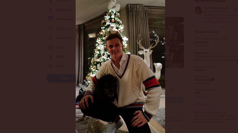 Einer der vielleicht größten Weihnachtsbäume in diesem Jahr steht bei Mick Schumacher im Wohnzimmer. Eine besondere Zuneigung bekommt Hündin Angie (Quelle: twitter/SchumacherMick).