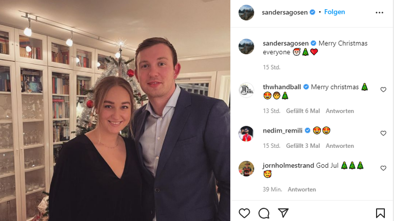 Handball-Superstar Sander Sagosen vom THW Kiel genießt den heiligen Abend mit seiner Partnerin Hanna Bredal Oftedal (Quelle: Instagram/sandersagosen).