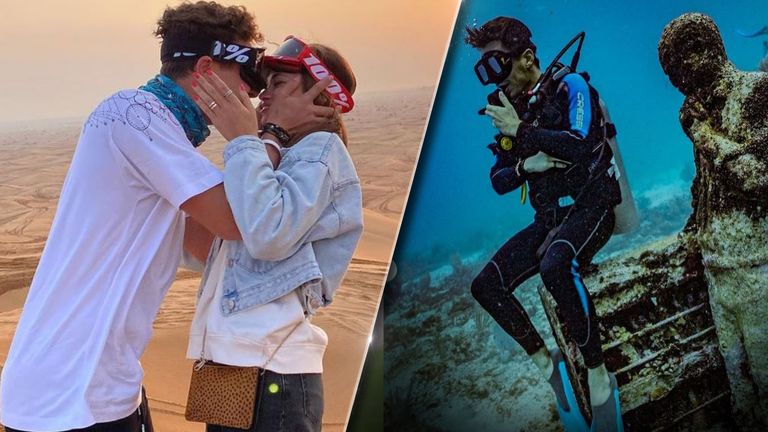 Während Lando Norris mit seiner Freundin in der Wüste Dubais unterwegs ist, geht es für Charles Leclerc auf Tauchstation (Quellen: Instagram/landonorris bzw. charles-leclerc)
