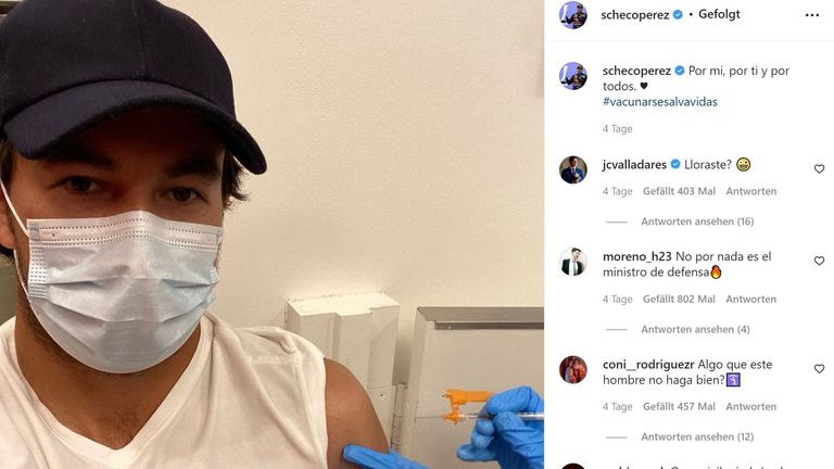 Red-Bull-Pilot und Wingman des Jahres Sergio Perez sorgt schon mal für die neue Saison vor und lässt sich gegen das Coronavirus impfen. Vorbildlich! (Quelle: Instagram/schecoperez)
