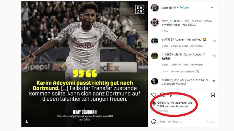 Deutet Karim Adeyemi hiermit seinen Wechsel zum BVB an? (Quelle: Instagram/DAZN)