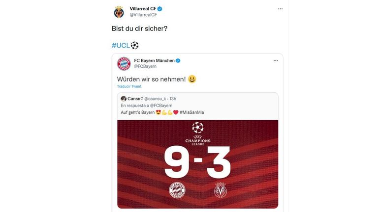 Der FC Villarreal spitzelt auf Twitter gegen den FC Bayern.