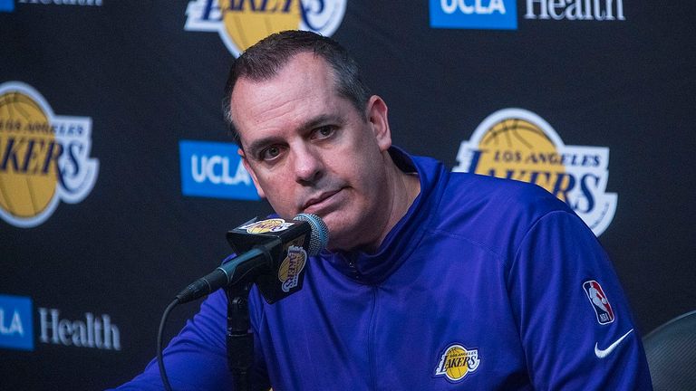 Head coach, Frank Vogel of the Los Angeles Lakers during a press conference after losing their NBA game against the Denver Nuggets on Sunday April 3, 2022 at Crypto.com Arena in Los Angeles, California. Lakers lose to Nuggets, 118-129. JAVIER ROJAS/PI