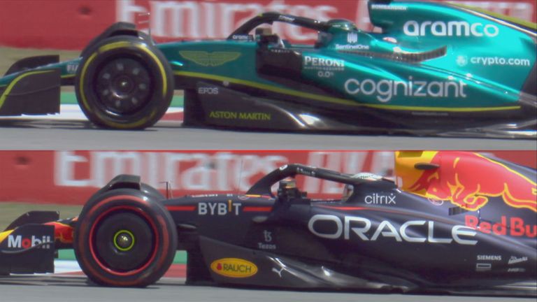 Der "neue" Aston Martin (oben) sieht dem RB18 von Red Bull (unten) besonders in dem Bereich der Seitenkästen verblüffend ähnlich.
