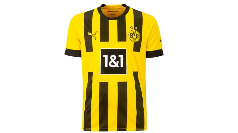 Das Heimtrikot von Borussia Dortmund für die Saison 2022/23 wird von breiten, schwarzen Streifen auf der Vorderseite geprägt. (Quelle: BVB)