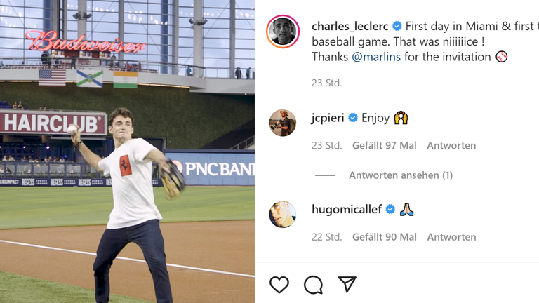 Der aktuelle WM-Leader Charles Leclerc feiert in Miami ein Debüt. Zum ersten Mal besucht er ein Baseball-Spiel. Da darf natürlich ein eigener Pitch-Versuch nicht fehlen (Quelle: Instagram/charles_leclerc).