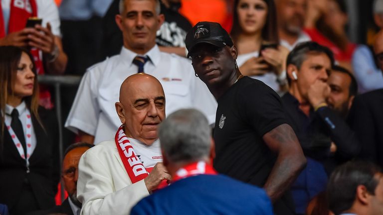 Foto Claudio Furlan/LaPresse.31 Maggio 2022 Monza (Italia) .Sport News.Monza in Serie A, la grande festa allo stadio Brianteo..Nella foto: Adriano Galliani e Mario Balotelli..Photo Claudio Furlan / LaPresse.31 May 2022 Monza (Italy).Sport News.Berlusconi's Monza promoted to Serie A for first time in club history.In the pic: Adriano Galliani and Mario Balotelli during the party at the Brianteo Stadium