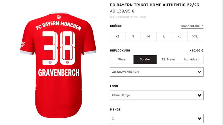 Ryan Gravenberch bekommt beim FC Bayern die Nummer 38. (Quelle: fcbayern.com/shop)