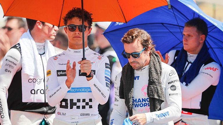 Lando Norrs und Mick Schumacher schützen sich mit Schirmen vor der Sonne von Le Castellet - Fernando Alonso zeigt sich wenig beeindruckt.