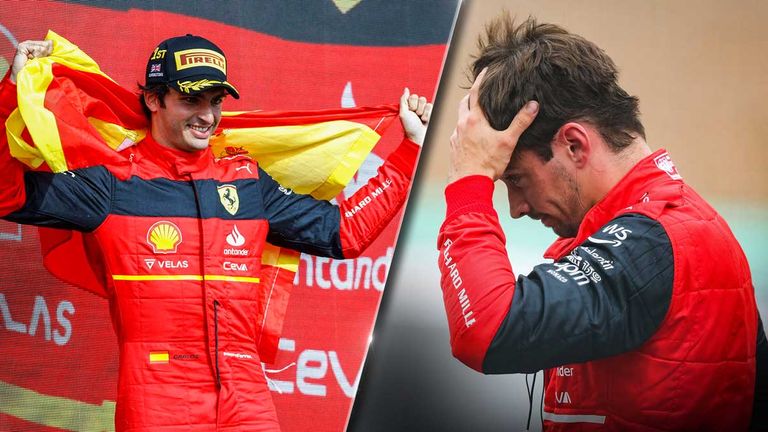 Während Carlos Sainz (l.) in Silverstone seinen ersten GP-Sieg feiert, ist Teamkollege Charles Leclerc (r.) ob seines vierten Rangs enttäuscht. 