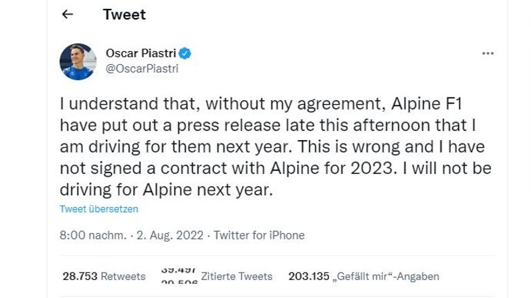 Oscar Piastri dementiert Einigung mit Alpine - Quelle: Twitter/Oscar Piastri.