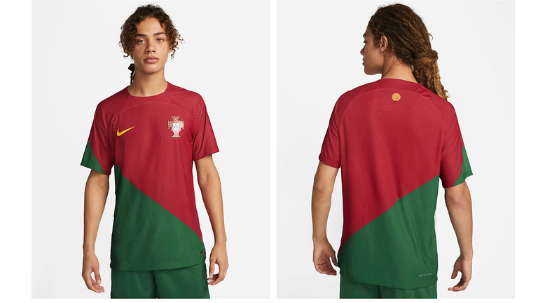 PORTUGAL: Das Heimtrikot von Portugal für die Weltmeisterschaft 2022 zeigt ein diagonales halb-halb-Design in Rot und Grün - eine Premiere in der Geschichte des Landes. (Bildquelle: nike.com)