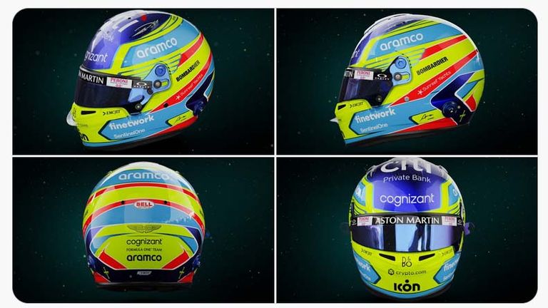 Fernando Alonso vom Team Aston Martin stellt seinen neuen  Helm vor.
(Quelle Foto: Twitter @KVDesign_helmet)