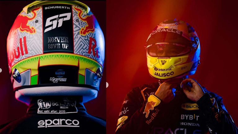 Sergio Perez vom Team Red Bull stellt seinen neuen Helm vor.
(Quelle Foto: Instagram @schecoperez)