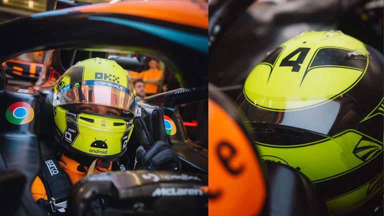 Lando Norris vom Team McLaren stellt seinen neuen Helm vor.
(Quelle Foto: Twitter @LandoNorris @LN4)