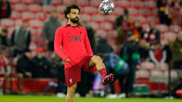Liverpool, England, 21st February 2023. Mohamed Salah of Liverpool warms up before the UEFA Champions League match at Anfield, Liverpool. Picture credit should read: Andrew Yates / Sportimage EDITORIAL USE ONLY. No use with unauthorised audio, video, data, fixture lists, club/league logos or live services. Online in-match use limited to 120 images, no video emulation. No use in betting, games or single club/league/player publications. SPI-2252-0007