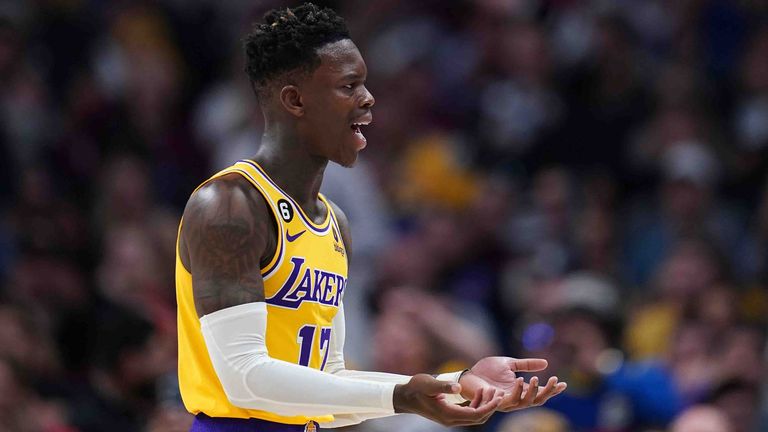 Los Angeles Lakers guard Dennis Schroder looks for a call during the second half of Game 1 of the NBA basketball Western Conference Finals series against the Denver Nuggets, Tuesday, May 16, 2023, in Denver. The Nuggets defeated the Lakers 132-126. (AP Photo/Jack Dempsey)