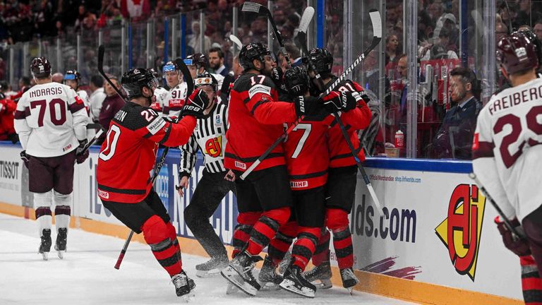Canada celebrate after a goal scored by Adam Fantilli of Canada during the 2023 IIHF Ice hockey, Eishockey World Championship, WM, Weltmeisterschaft Finland - Latvia game between Canada and Latvia at Nokia Arena on May 27, 2023 in Tampere, Finland. Tampere Finland *** RIGA, LATVIA MAY 27 Canada celebrate after a goal scored by Adam Fantilli of Canada during the 2023
