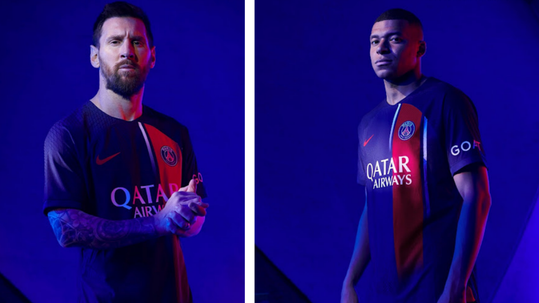 Lionel Messi und Kylian Mbappe zeigen sich im neuen Heimtrikot von PSG. 