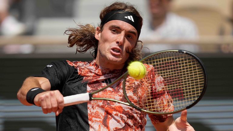 Greece&#39;s Stefanos Tsitsipas plays a shot against Jiri Vesely of the Czech Republic during their first round match of the French Open tennis tournament at the Roland Garros stadium in Paris, Sunday, May 28, 2023. (AP Photo/Christophe Ena)