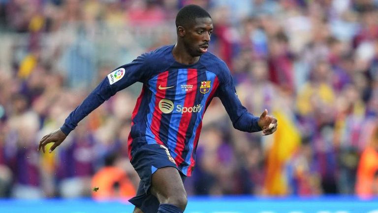 Mandatory Credit: Photo by Bagu Blanco/Pressinphoto/Shutterstock 13937670al Ousmane Dembele of FC Barcelona, Barca FC Barcelona v RCD Mallorca, La Liga, date 37. Football, Spotity Camp Nou Stadium, Barcelona, Spain - 28 May 2023 EDITORIAL USE ONLY No use with unauthorised audio, video, data, fixture lists outside the EU, club/league logos or live services. Online in-match use limited to 45 images 15 in extra time. No use to emulate moving images. No use in betting, games or single club/league/player publications/services. FC Barcelona v RCD Mallorca, La Liga, date 37. Football, Spotity Camp Nou Stadium, Barcelona, Spain - 28 May 2023 EDITORIAL USE ONLY No use with unauthorised audio, video, data, fixture lists outside the EU, club/league logos or live services. Online in-match use limited to 45 images 15 in extra time. No use to emulate moving images. No use in betting, games or PUBLICATIONxINxGERxSUIxAUTxHUNxGRExMLTxCYPxROUxBULxUAExKSAxONLY Copyright: xBaguxBlanco/Pressinphoto/Shutterstockx 13937670al