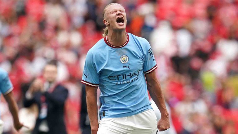 Manchester City&#39;s Erling Haaland celebrates Manchester City&#39;s win at the end of the English FA Cup final soccer match between Manchester City and Manchester United at Wembley Stadium in London, Saturday, June 3, 2023. (Nick Points/PA via AP)