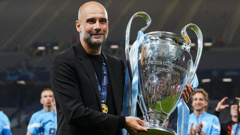 Pep Guardiola manager of Manchester City poses with the trophy at the end of the UEFA Champions League Final match between Manchester City and FC Internazionale at Ataturk Olympic Stadium Istanbul Turkey on 10 June 2023. Istanbul Ataturk Olympic Stadium Istanbul Turkey Copyright: xGiuseppexMaffiax SP24-672-426